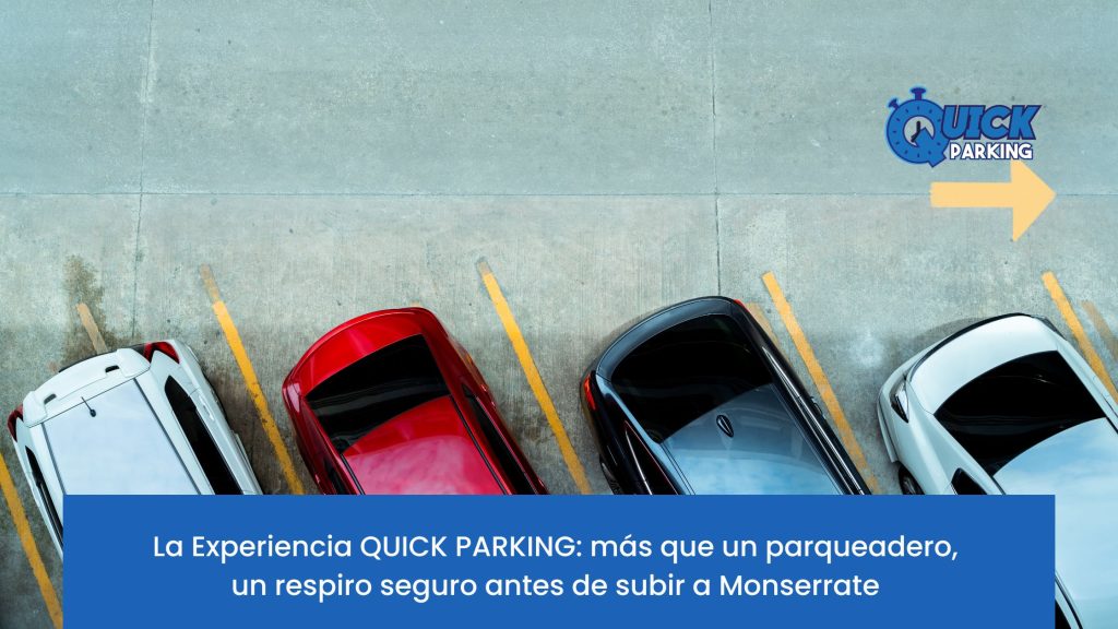 Vista del parqueadero QUICK PARKING al amanecer, con vehículos seguros y visitantes listos para subir al Santuario de Monserrate.